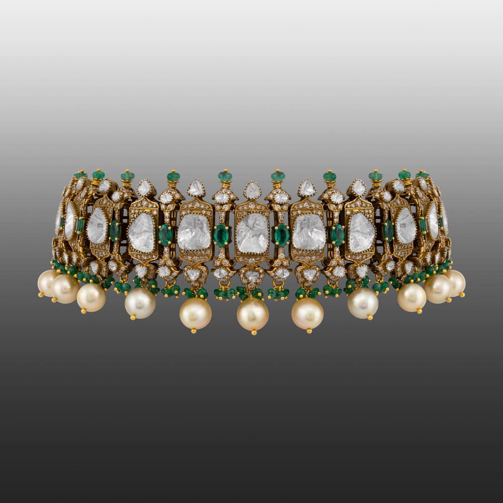 Antique Polki Choker with Emerald and Pearl Fringe